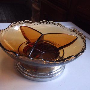 vintage amber glass & chrome divided dish